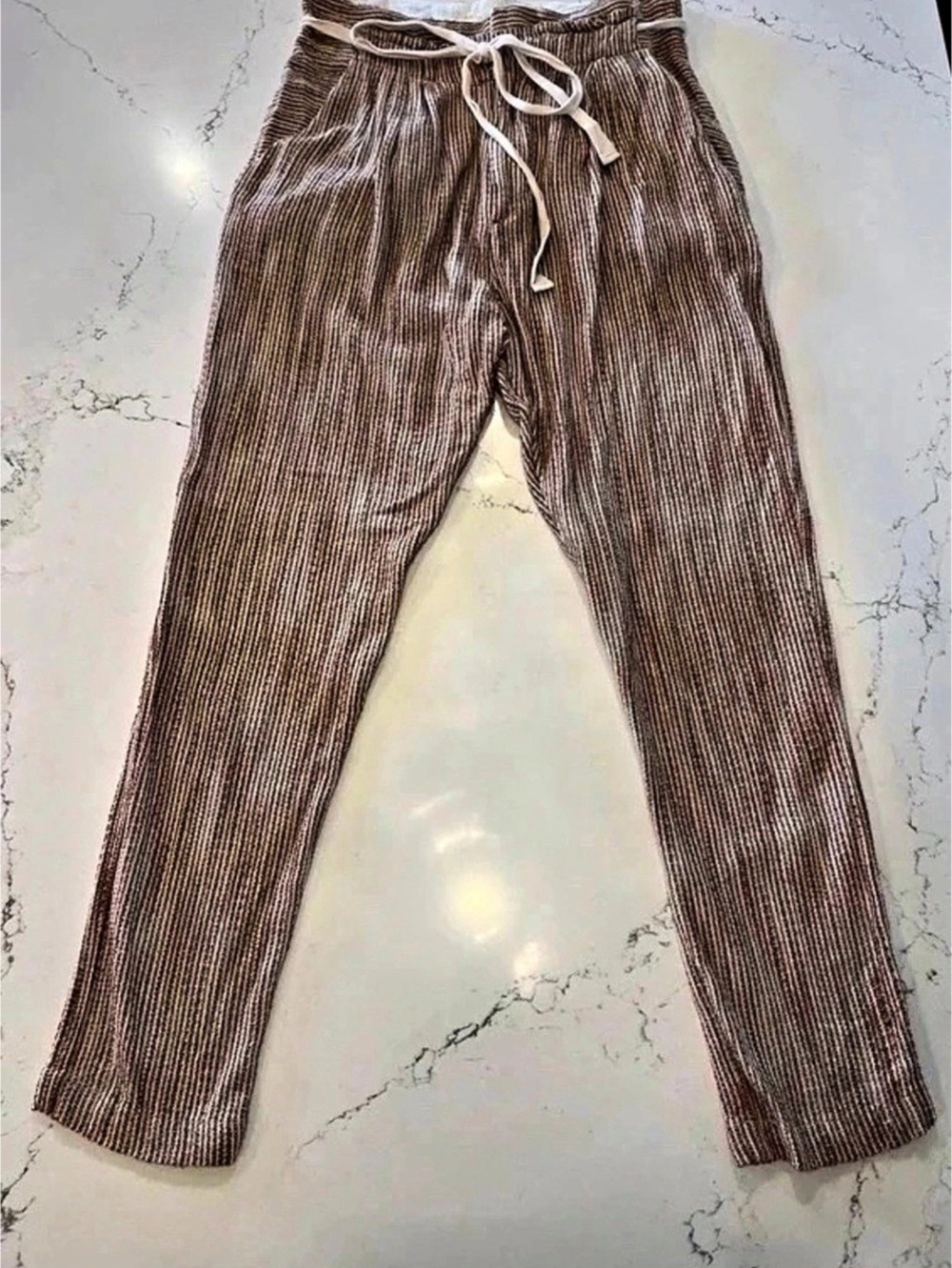 Free People Chambers Stripe Drawstring Linen & Cotton Pants Brown & White Size 2